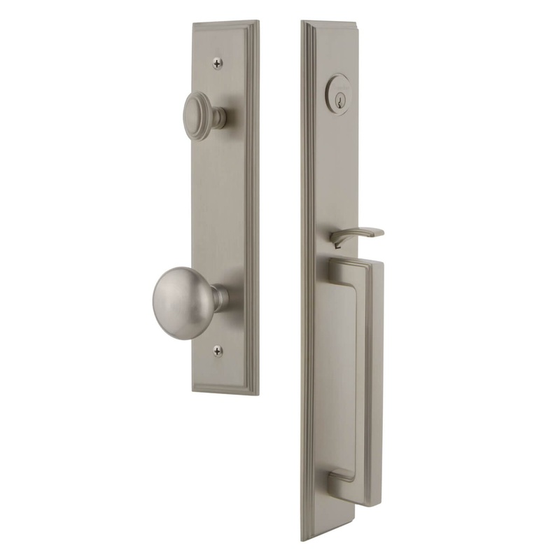 Carr One-Piece Handleset with D Grip and Fifth Avenue Knob in Satin Nickel