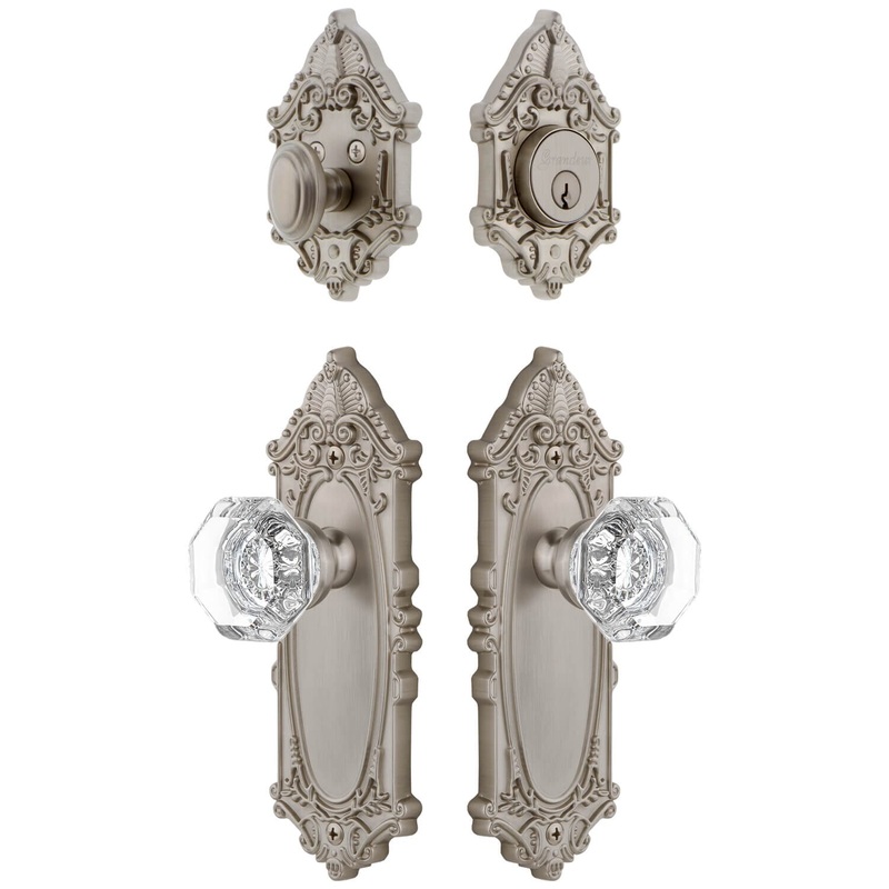 Grande Victorian Long Plate Entry Set with Chambord Crystal Knob in Satin Nickel