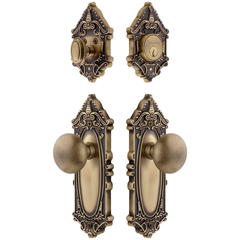 Grande Victorian Long Plate Entry Set with Fifth Avenue Knob in Vintage Brass