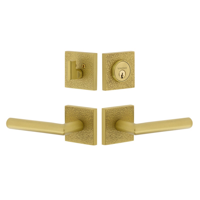 Quadrato Leather Rosette Entry Set with Moderno Lever in Satin Brass