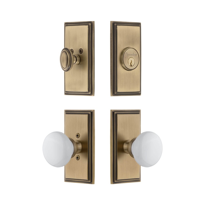 Carre Short Plate Entry Set with Hyde Park Knob in Vintage Brass