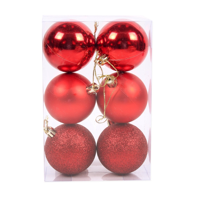 Christmas Tree Decoration Baubles Red (Matte, Glossy & Glitter) 6pc Acetate