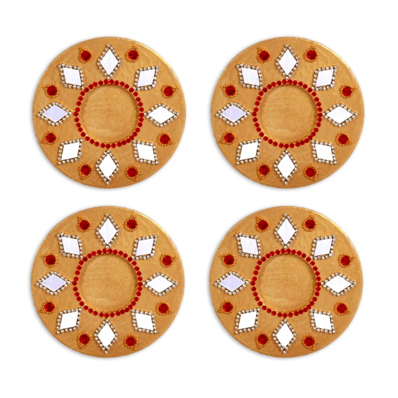 Mirror Work Tealight Holder Diamond Jewel Gold 4in Dia 5.5mm Thick 4pc