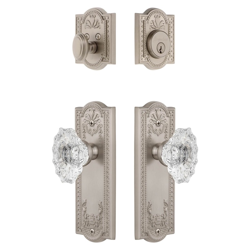 Parthenon Long Plate Entry Set with Biarritz Crystal Knob in Satin Nickel