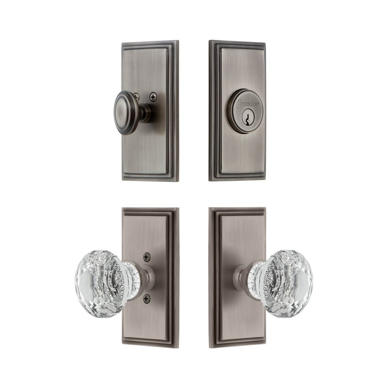 Carre Short Plate Entry Set with Brilliant Crystal Knob in Antique Pewter