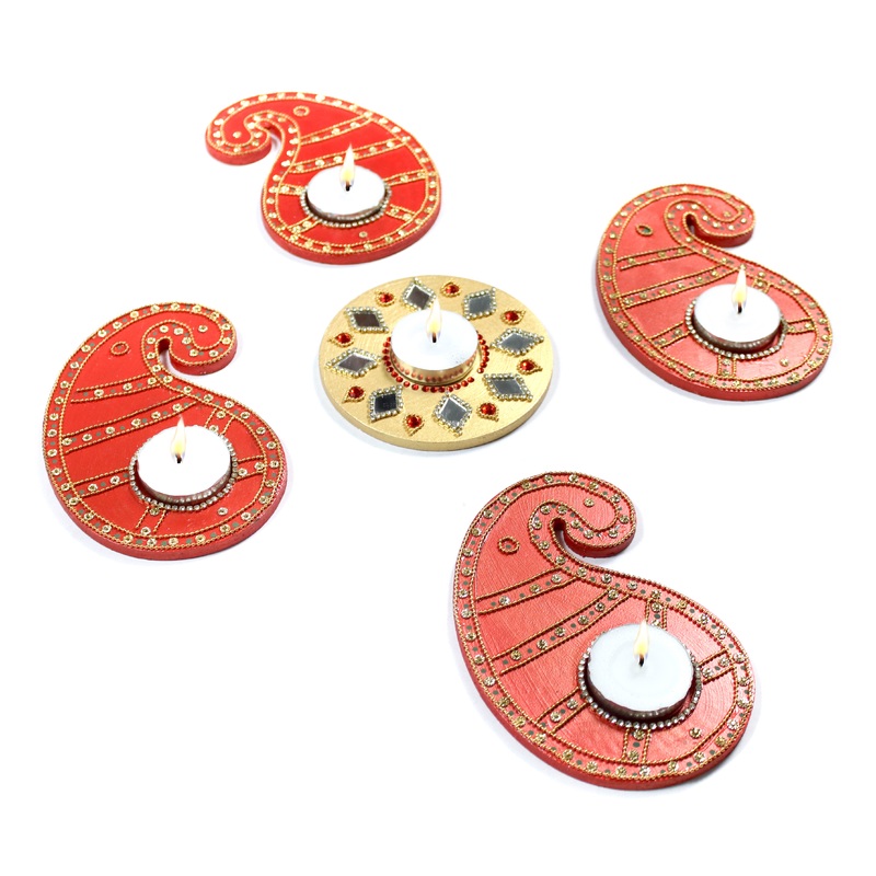 Diwali Decor Combo – Mirror Work tealight holder  Diamond Jewel Gold 4in Dia & Tealight holder paisley charm Red (Pack of 5pc)