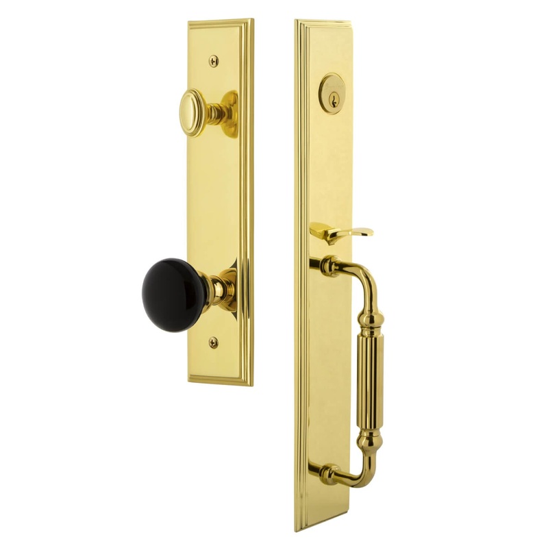 Grandeur Carr One-Piece Handleset with F Grip and Coventry Knob in Lifetime Brass