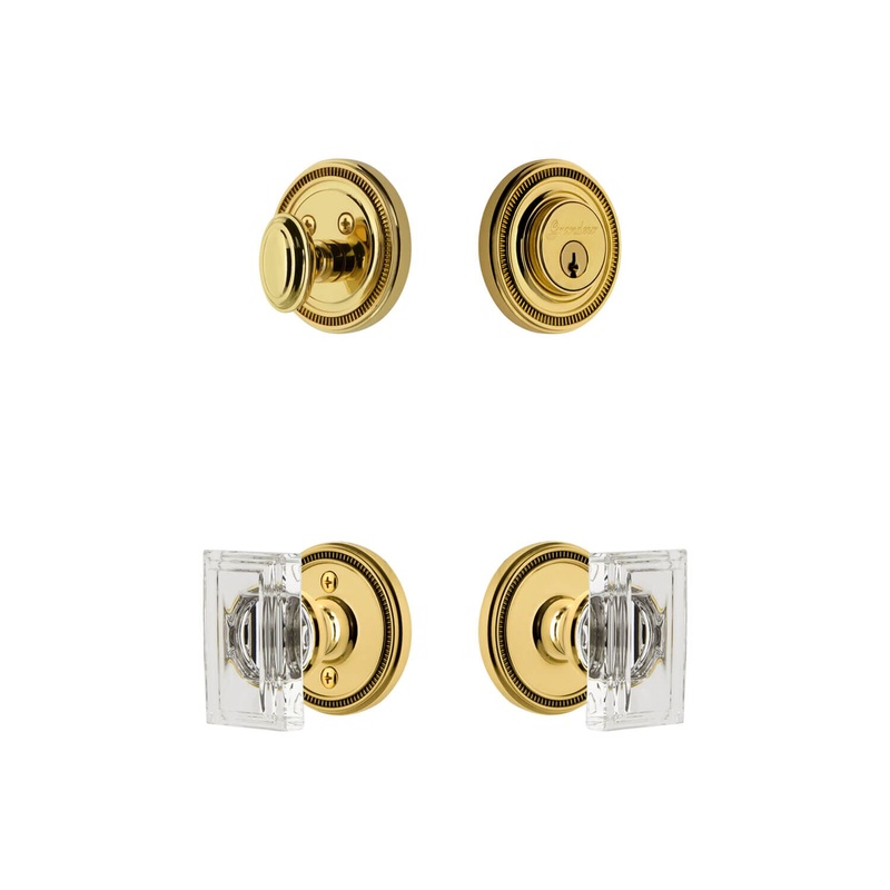 Soleil Rosette Entry Set with Carre Crystal Knob in Lifetime Brass