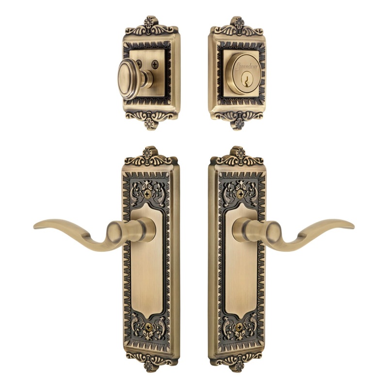 Windsor Long Plate Entry Set with Bellagio Lever in Vintage Brass