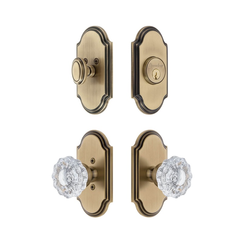 Arc Short Plate Entry Set with Versailles Crystal Knob in Vintage Brass