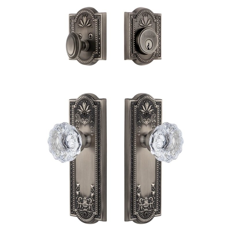 Parthenon Long Plate Entry Set with Fontainebleau Crystal Knob in Antique Pewter