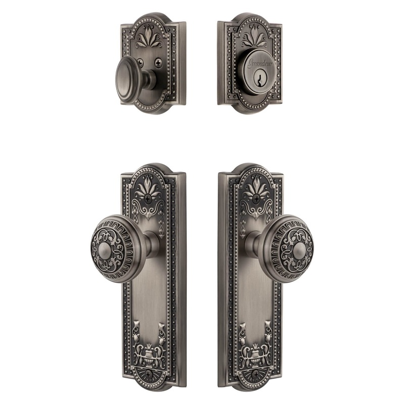 Parthenon Long Plate Entry Set with Windsor Knob in Antique Pewter