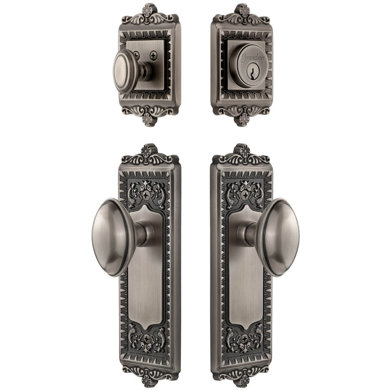 Windsor Long Plate Entry Set with Eden Prairie Knob in Antique Pewter