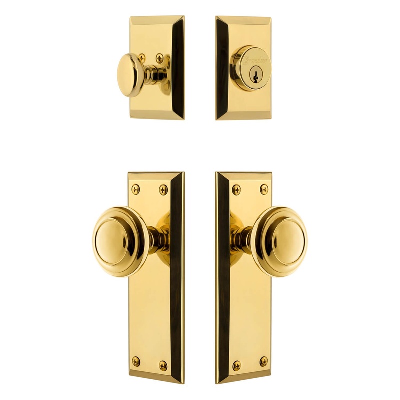 Fifth Avenue Long Plate Entry Set with Circulaire Knob in Lifetime Brass