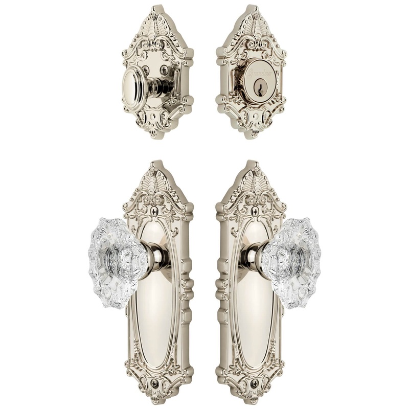 Grande Victorian Long Plate Entry Set with Biarritz Crystal Knob in Polished Nickel