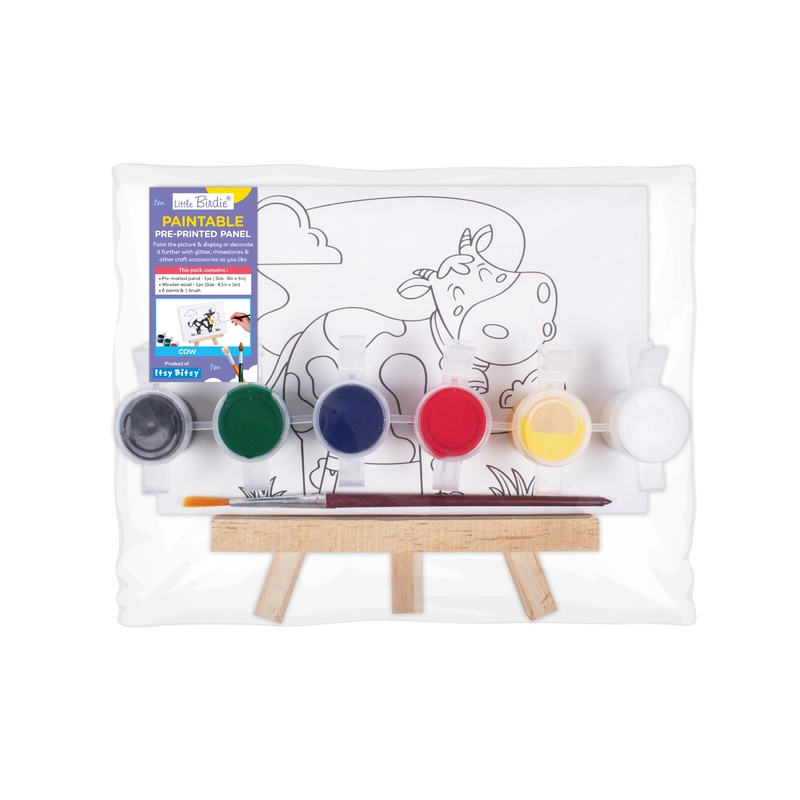 Paintable Pre-printed Panel with Easel & Paints – Cow, Approx 4in x 6in, Easel size 11cm, 1pc