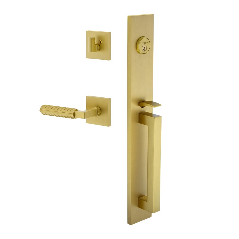 Quadrato One-Piece Handleset with D Grip and Quadrato Rosette with Contempo Rebar Lever in Satin Brass