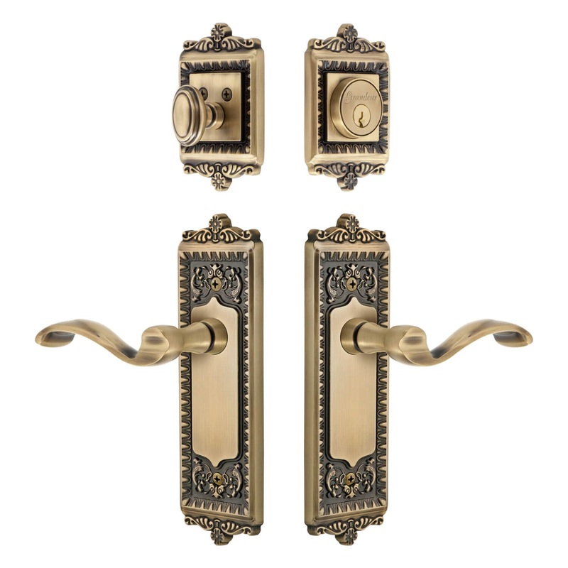 Windsor Long Plate Entry Set with Portofino Lever in Vintage Brass