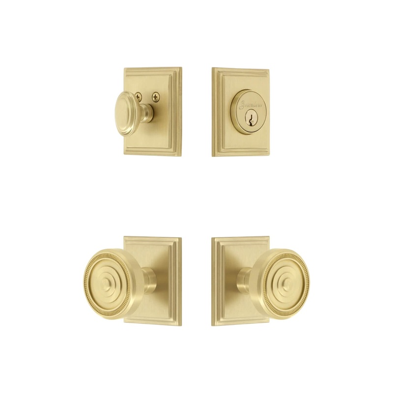 Carre Square Rosette Entry Set with Soleil Knob in Satin Brass