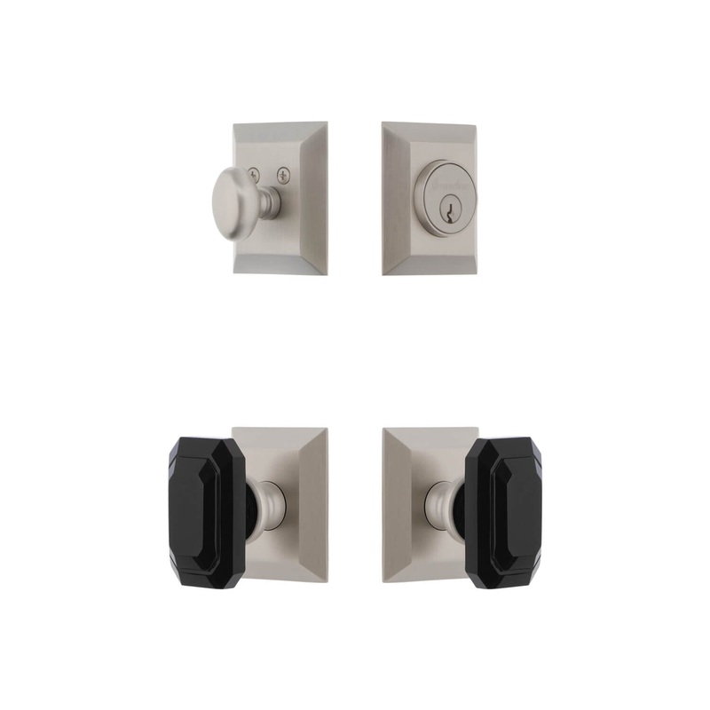 Fifth Avenue Square Rosette Entry Set with Baguette Black Crystal Knob in Satin Nickel