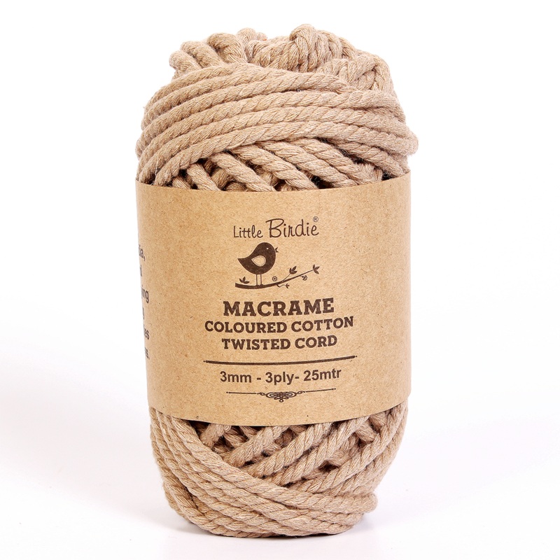 Macrame Cotton Twisted Cord – Kakhi 3mm 3Ply 25Mtr 1Roll
