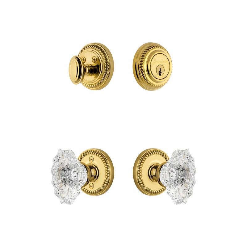 Newport Rosette Entry Set with Biarritz Crystal Knob in Lifetime Brass