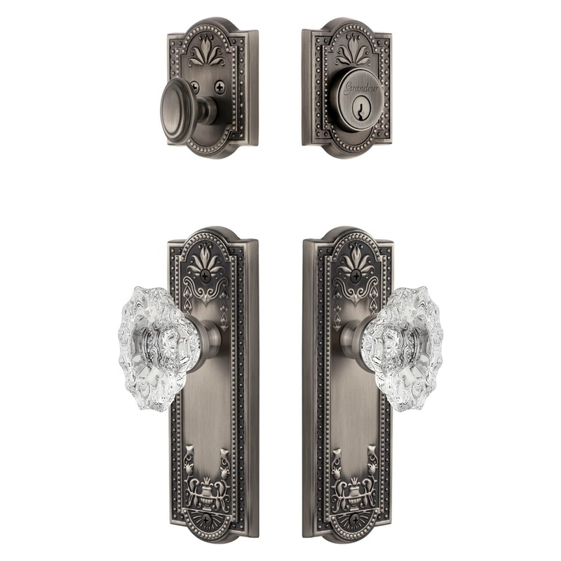 Parthenon Long Plate Entry Set with Biarritz Crystal Knob in Antique Pewter