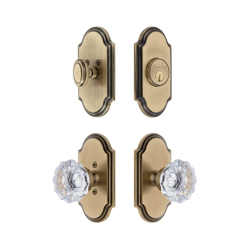 Arc Short Plate Entry Set with Fontainebleau Crystal Knob in Vintage Brass
