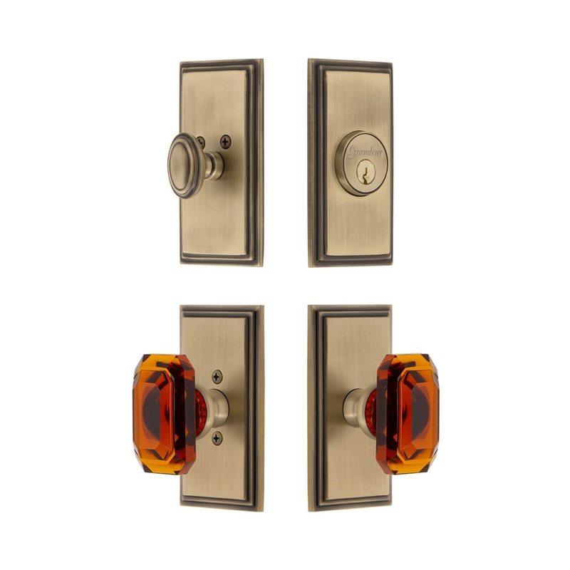 Carre Short Plate Entry Set with Baguette Amber Crystal Knob in Vintage Brass