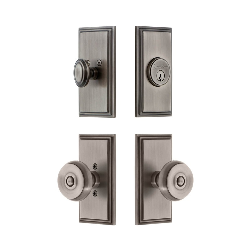 Carre Short Plate Entry Set with Bouton Knob in Antique Pewter