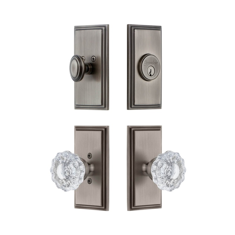 Carre Short Plate Entry Set with Versailles Crystal Knob in Antique Pewter