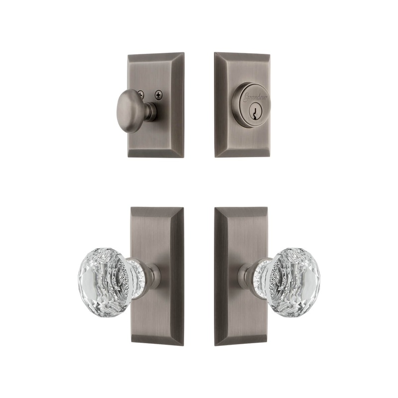 Fifth Avenue Short Plate Entry Set with Brilliant Crystal Knob in Antique Pewter