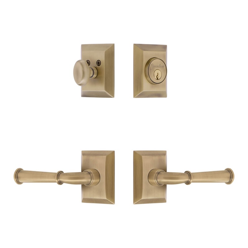Fifth Avenue Square Rosette Entry Set with Georgetown Lever in Vintage Brass