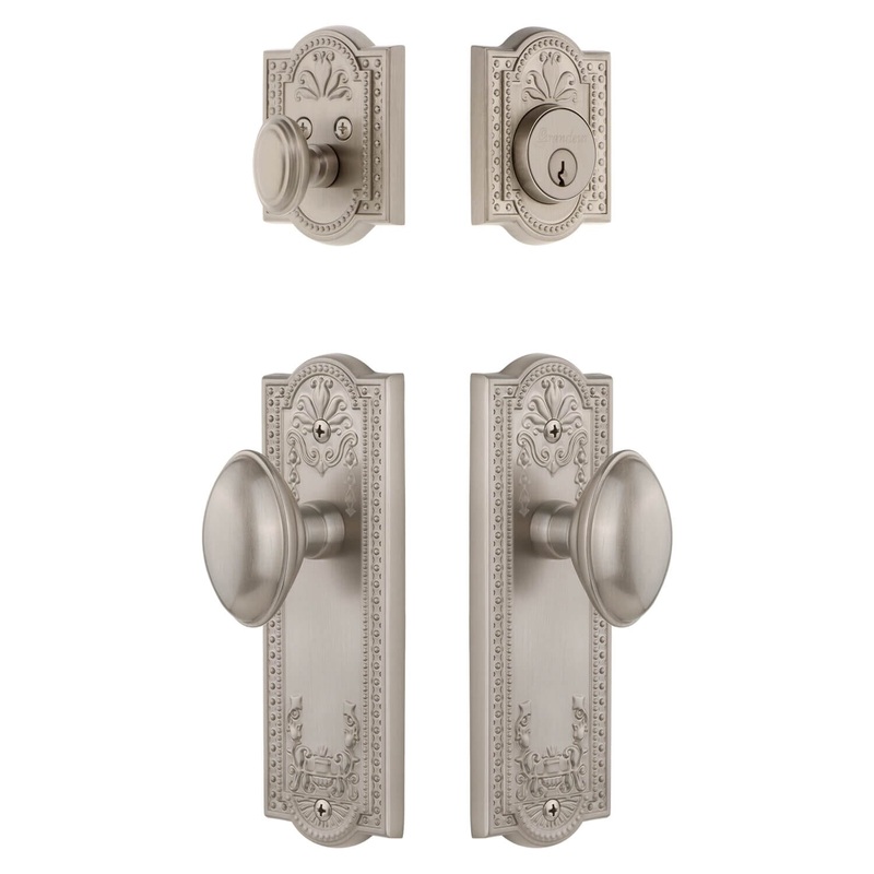 Parthenon Long Plate Entry Set with Eden Prairie Knob in Satin Nickel