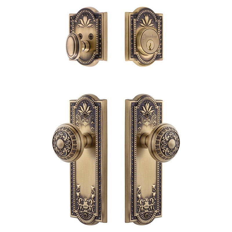 Parthenon Long Plate Entry Set with Windsor Knob in Vintage Brass