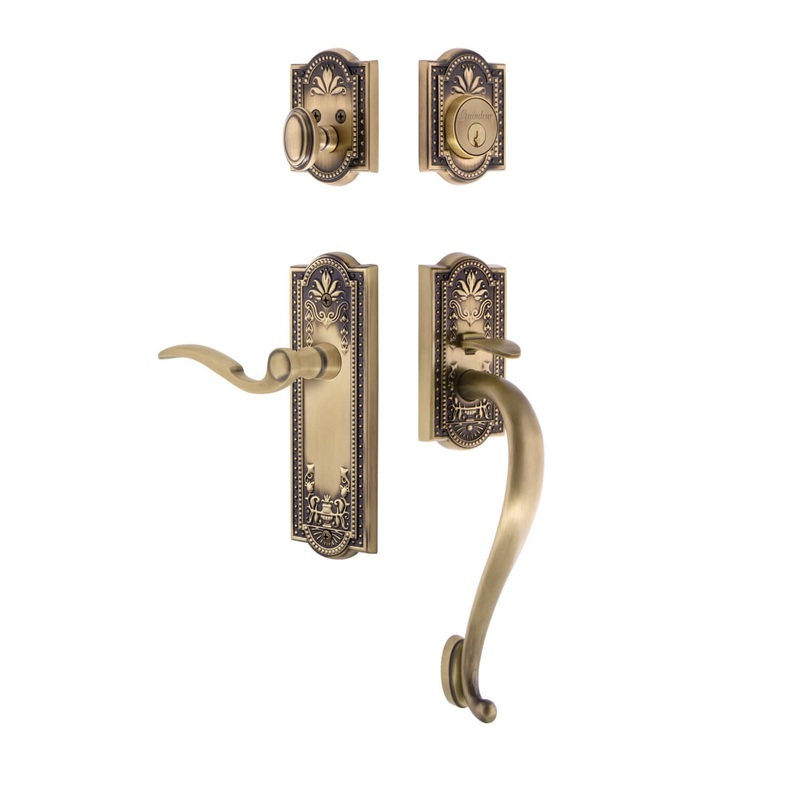 Parthenon Plate S Grip Entry Set Bellagio Lever in Vintage Brass