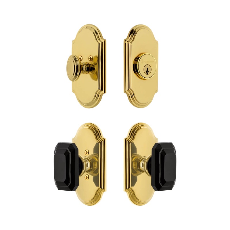 Arc Short Plate Entry Set with Baguette Black Crystal Knob in Lifetime Brass