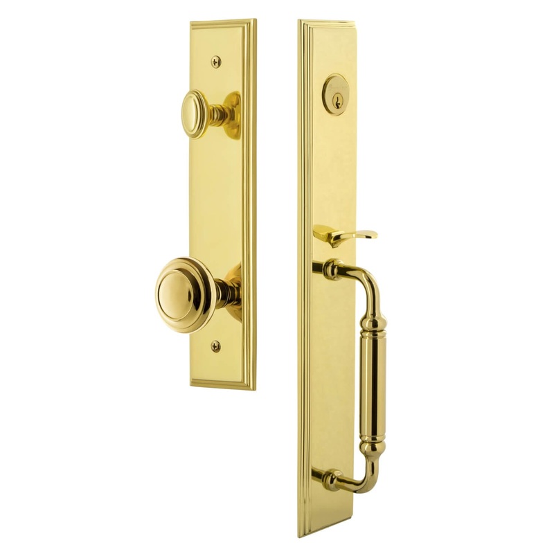 Carr One-Piece Handleset with C Grip and Circulaire Knob in Lifetime Brass