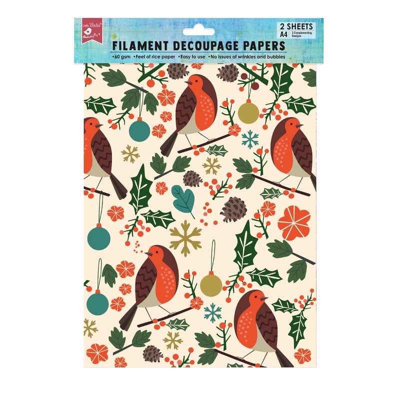 Filament Decoupage Christmas Robin A4 2 Designs 2Sheets