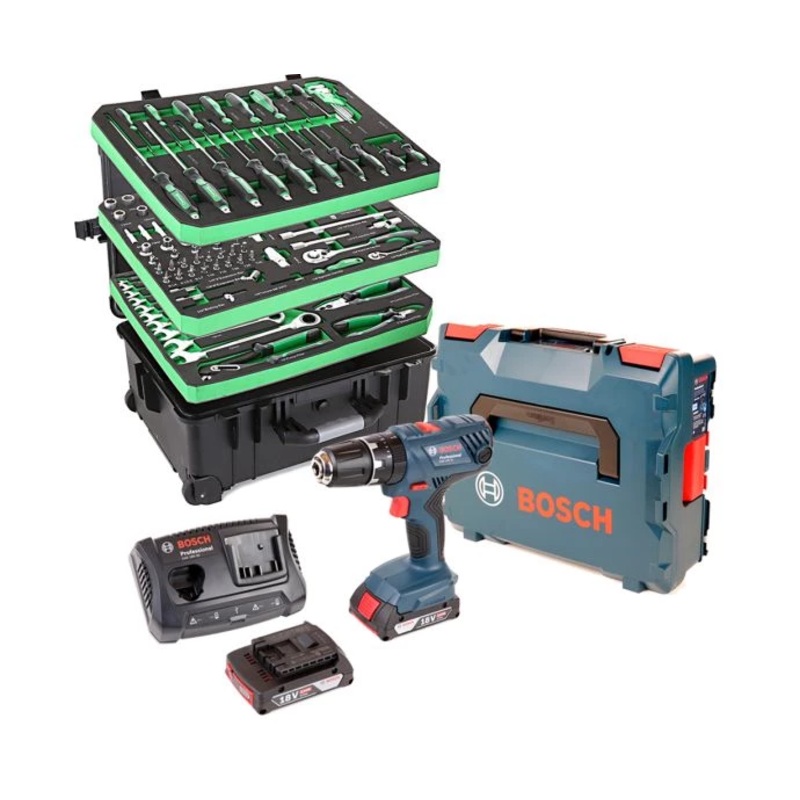 Bosch GSB18V-21 Combi Drill + 118 Pcs 3 Layers Tool Trolley