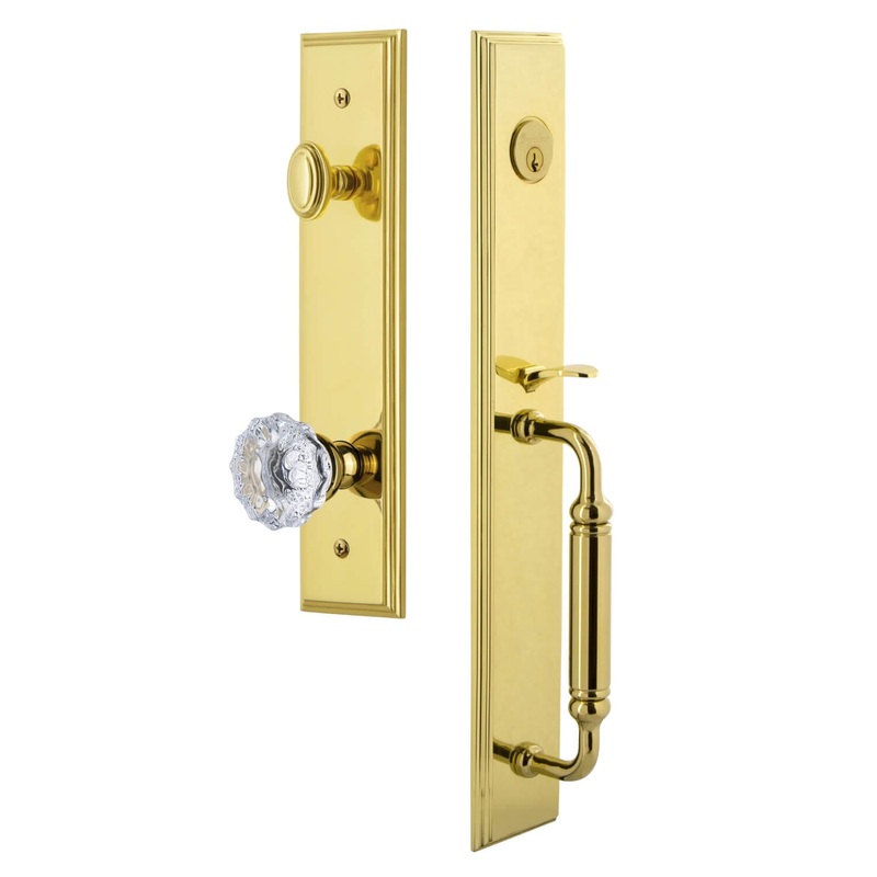 Carr One-Piece Handleset with C Grip and Fontainebleau Knob in Lifetime Brass