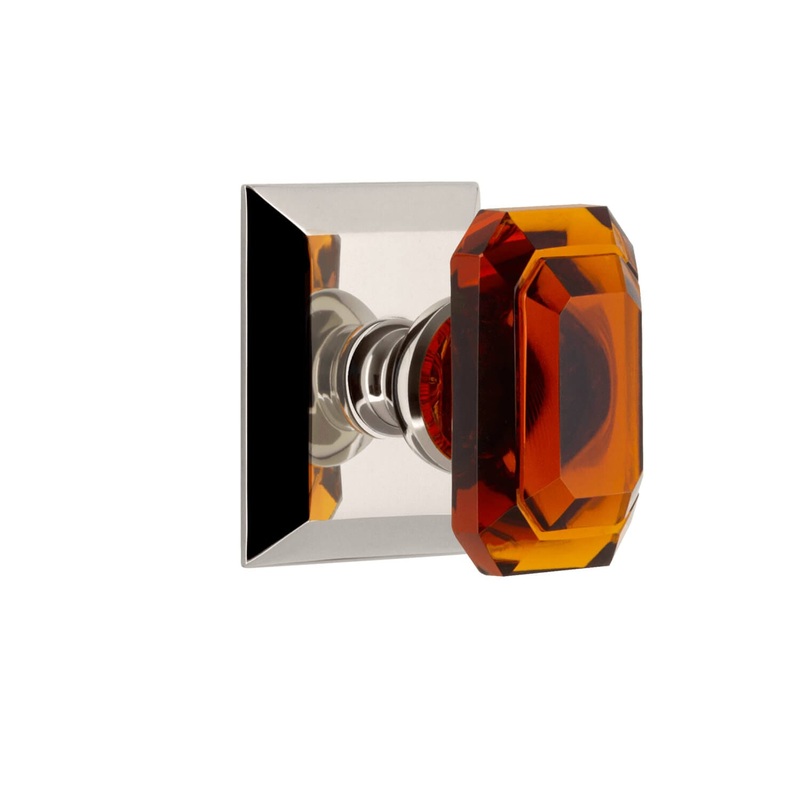 Fifth Avenue Square Rosette with Baguette Amber Crystal Knob in Polished Nickel