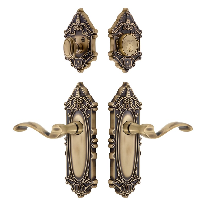 Grande Victorian Long Plate Entry Set with Portofino Lever in Vintage Brass