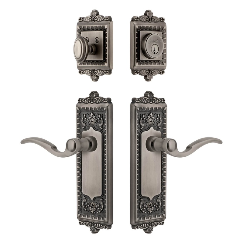 Windsor Long Plate Entry Set with Bellagio Lever in Antique Pewter