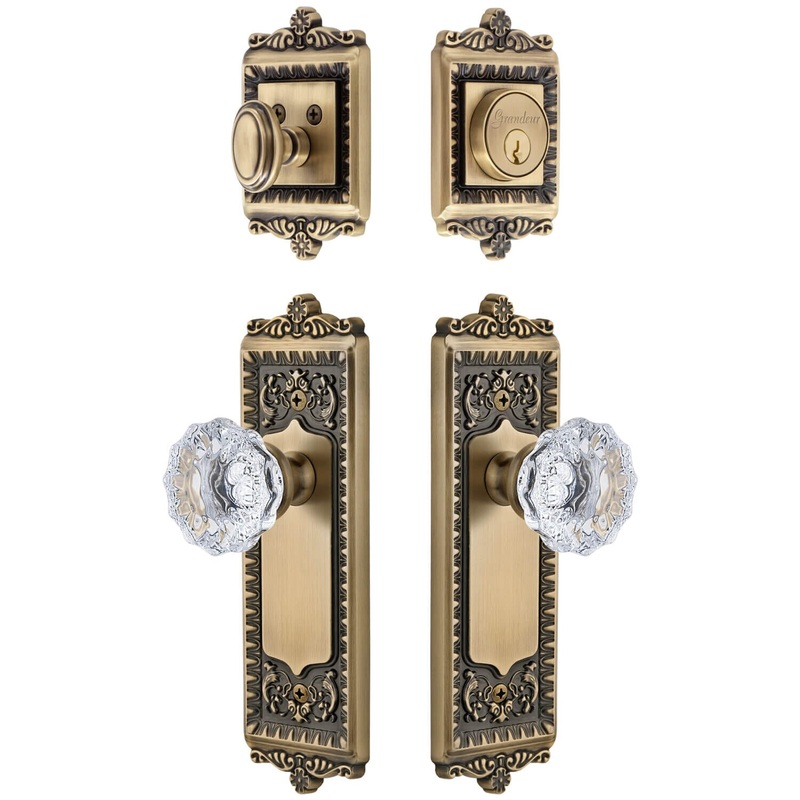 Windsor Long Plate Entry Set with Fontainebleau Crystal Knob in Vintage Brass