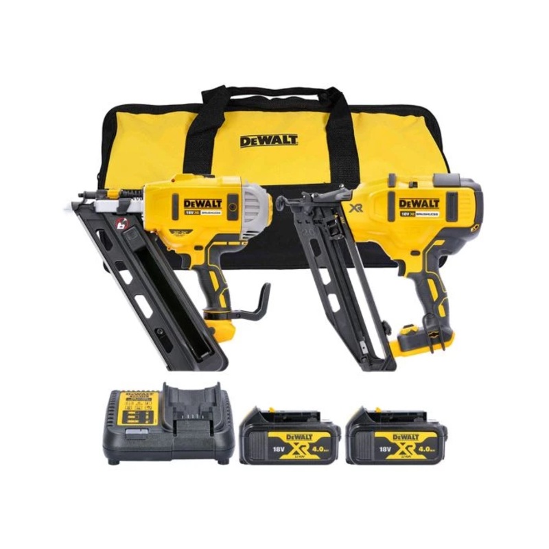 DeWalt DCK2046 18V XR Cordless Brushless Finishing & Framing Nailer Twin Pack With 2 x 4.0Ah Batteries, Charger & Tool Bag
