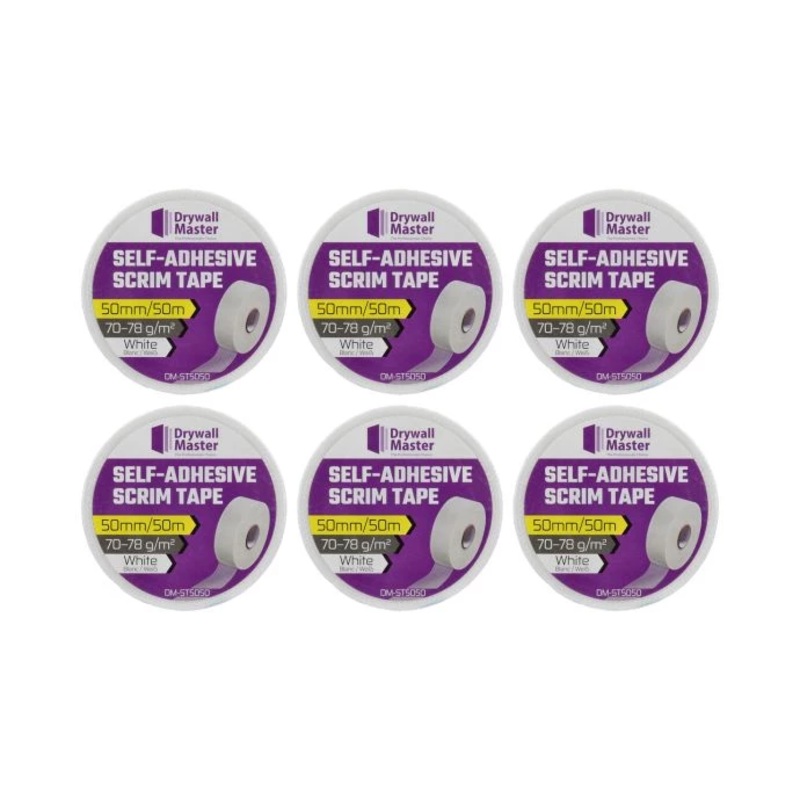 Drywall Master Scrim Tape 50mm x 50m, High Strength Self-Adhesive Fiberglass Mesh Tape Pack of 6