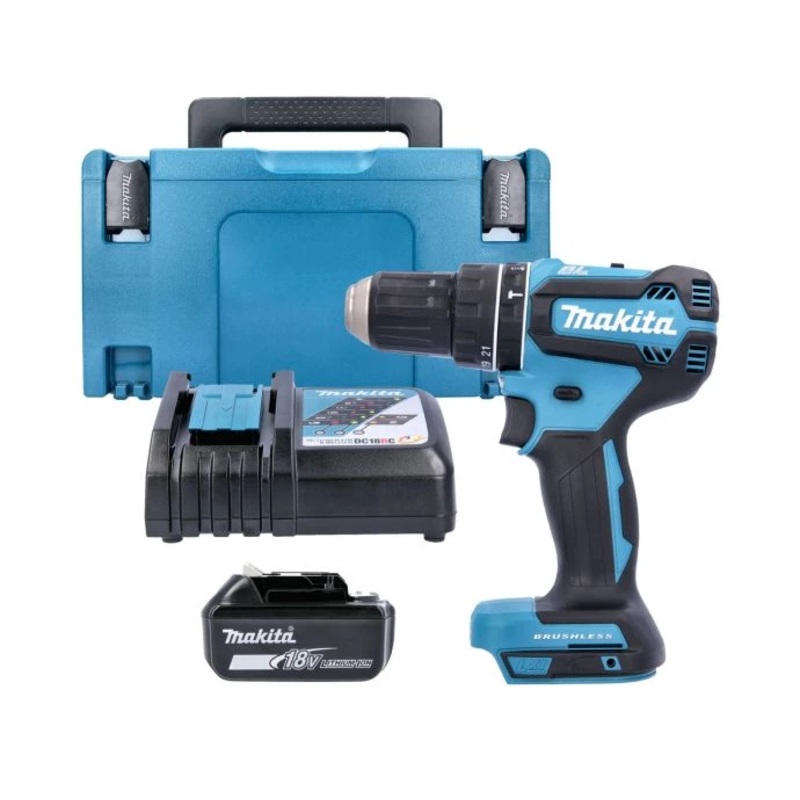 Makita Combi Drill DHP485Z 18V LXT Cordless Brushless 1/2″ 2-Speed Keyless Chuck Max 50Nm With 1 x 6.0Ah Battery, Charger & Case Type 3