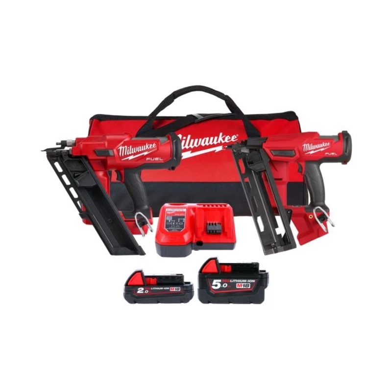 Milwaukee M18FPP2BE-522B 18V Cordless FUEL Angled Finish Nailer & Framing Nailer Twin Pack With 2 x Batteries, Charger & Tool Bag