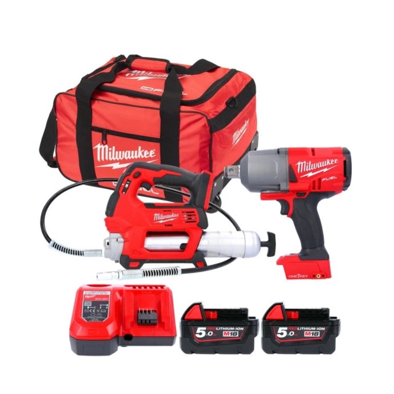 Milwaukee M18ONEPP2Q-502B 18V Fuel Impact Wrench & Grease Gun Twin Pack With 2 x 5.0Ah Batteries, Charger & Tool Bag